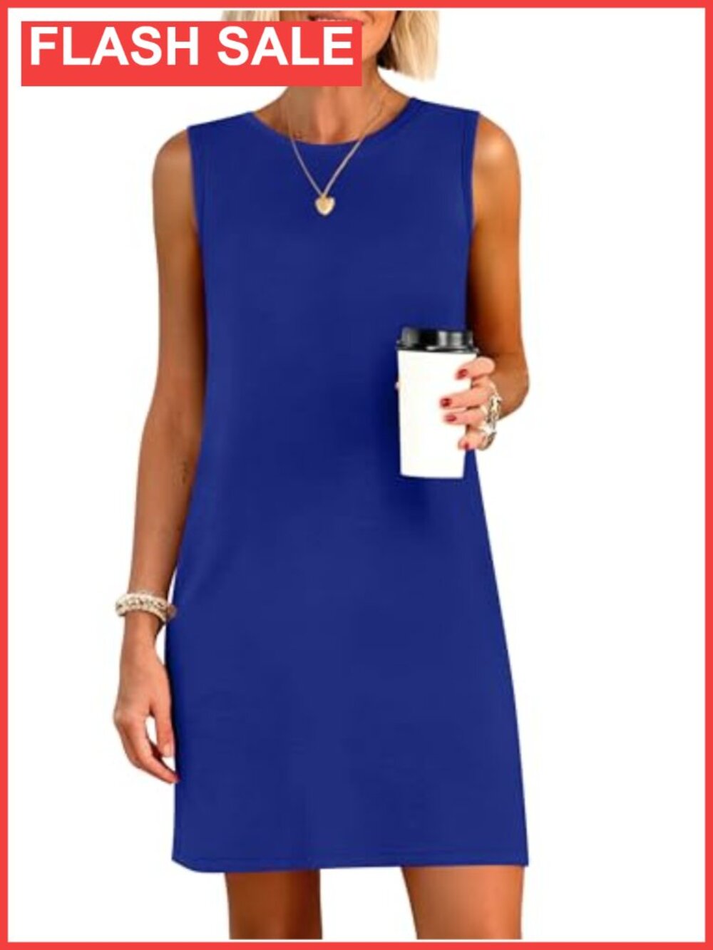 Wrinkle Free Sleeveless Mini Dress Casual Summer Crewneck Side Slit